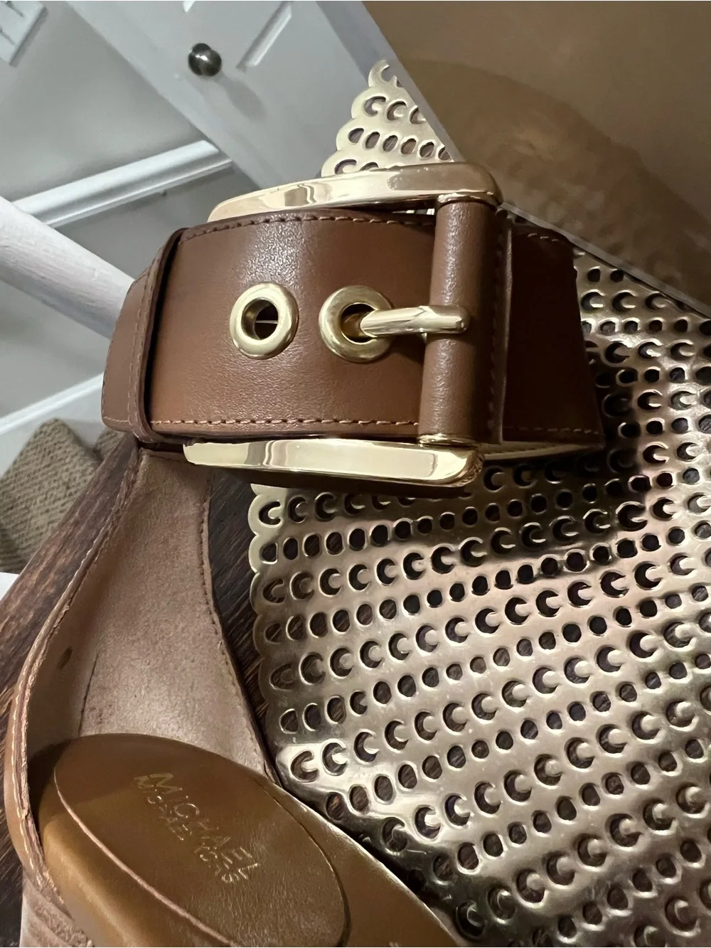 Michael Kors Cognac Leather Block Heel Sandals with Buckle